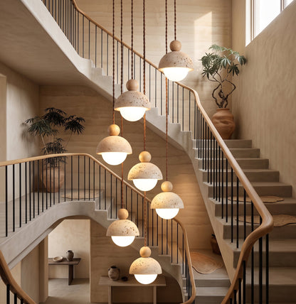 Travertine Dome Wood Pendant Light