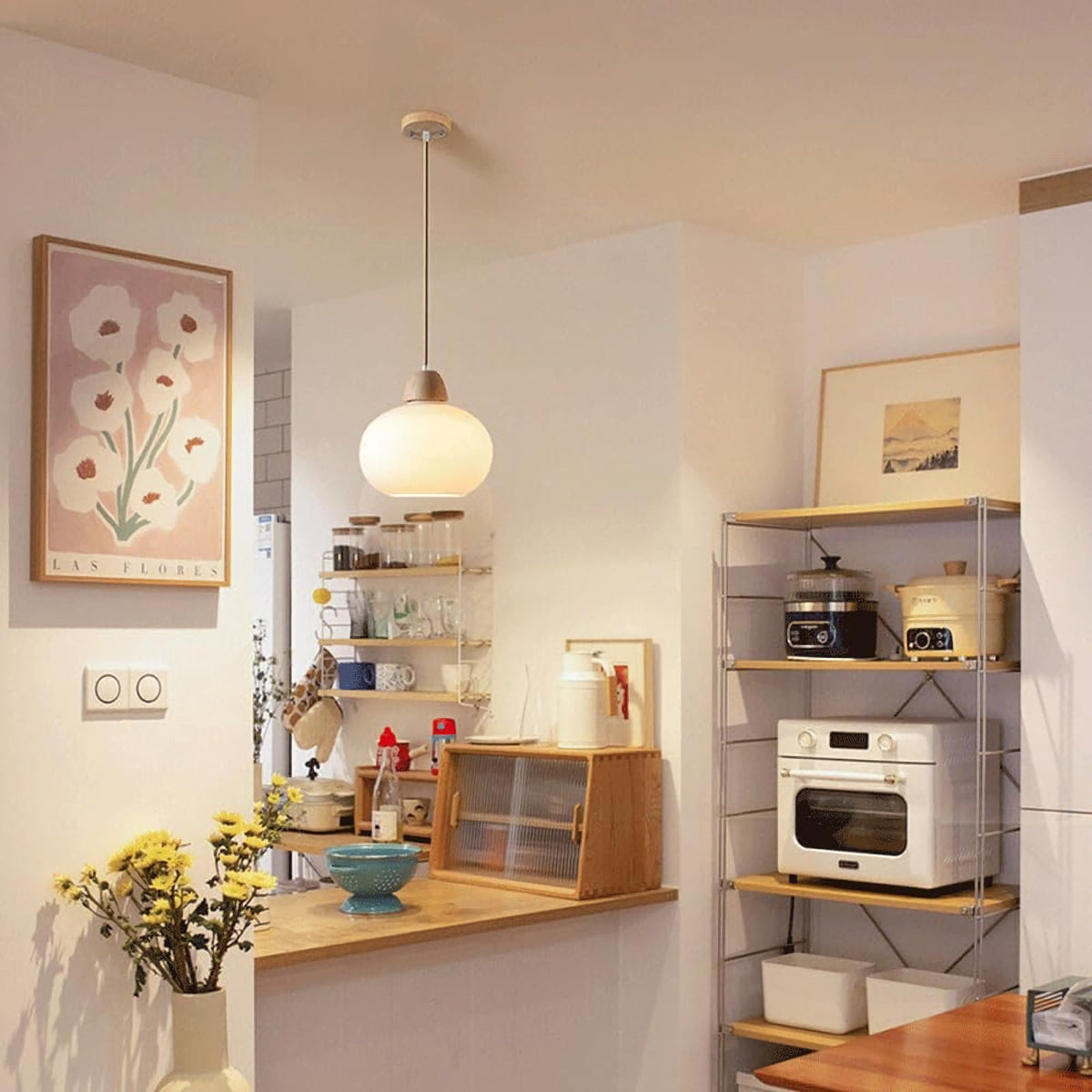 Milk Glass Wood Pendant Light