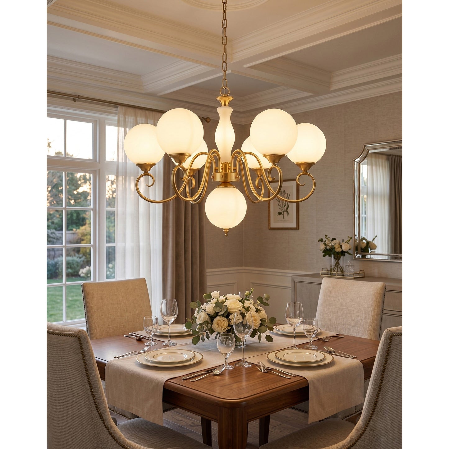 Scrolled Brass Globe Chandelier