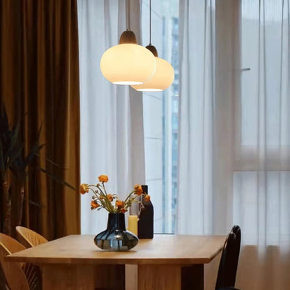 Milk Glass Wood Pendant Light