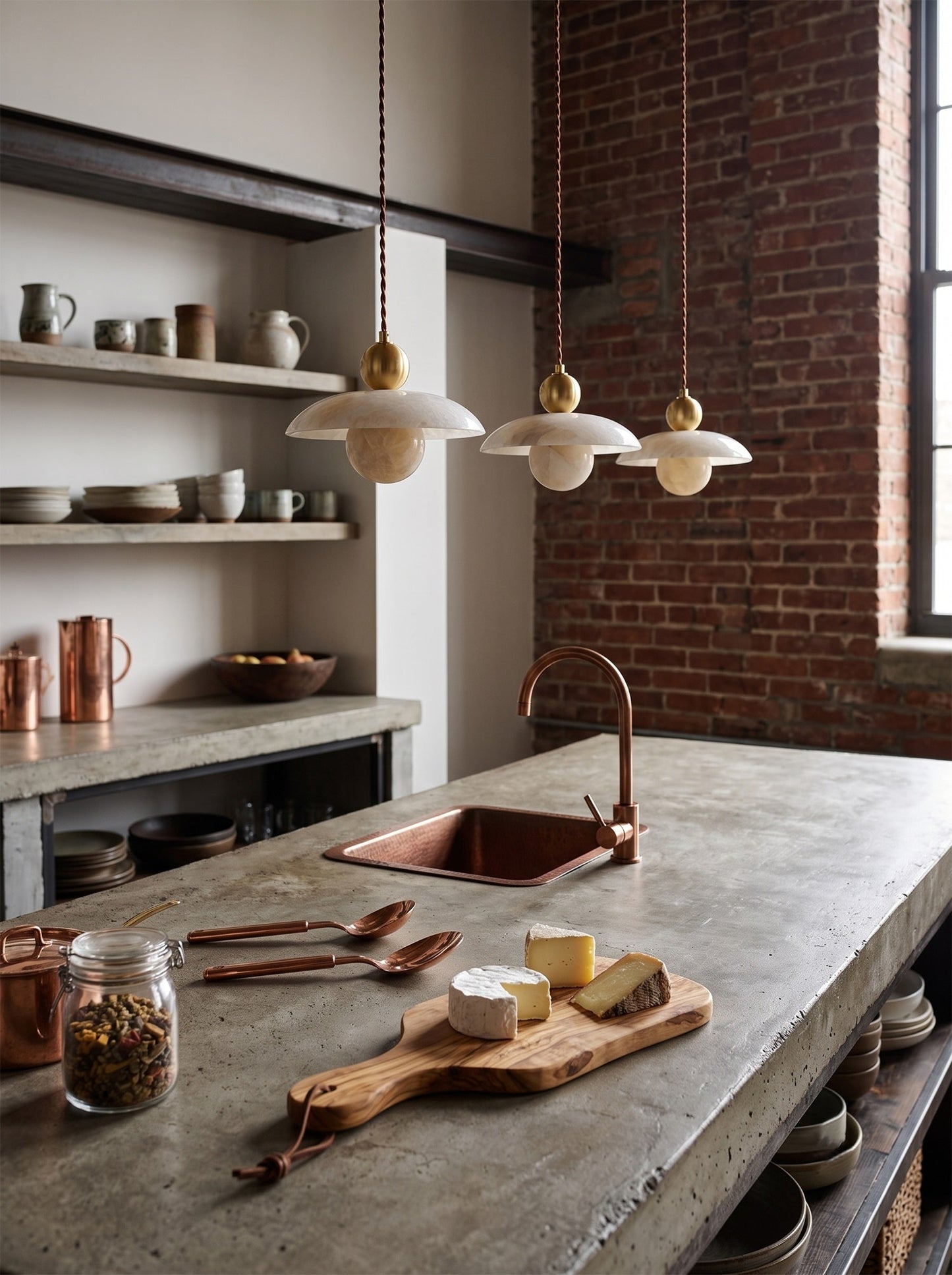 Alabaster Sphere Brass Pendant Light