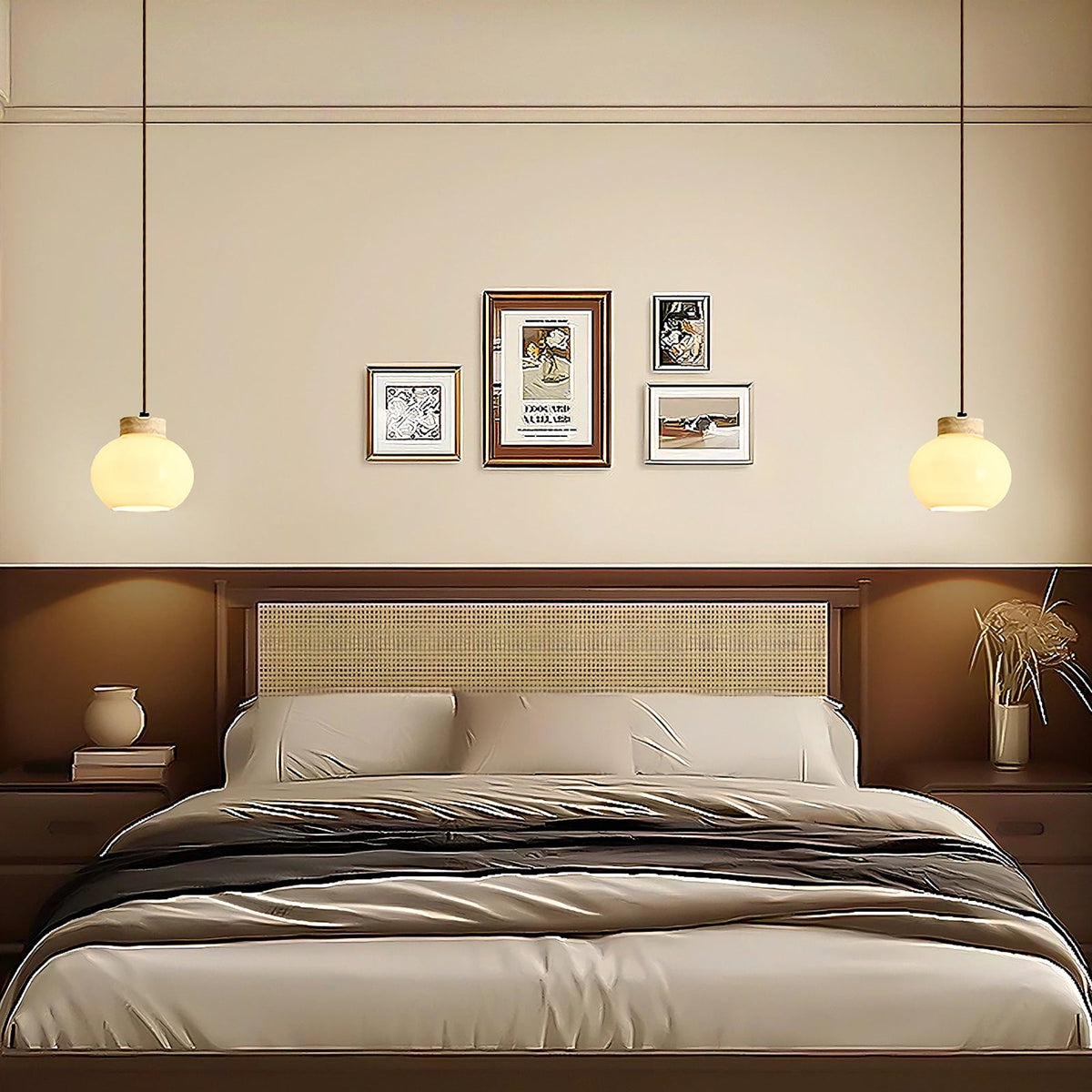 Milk Glass Wood Pendant Light