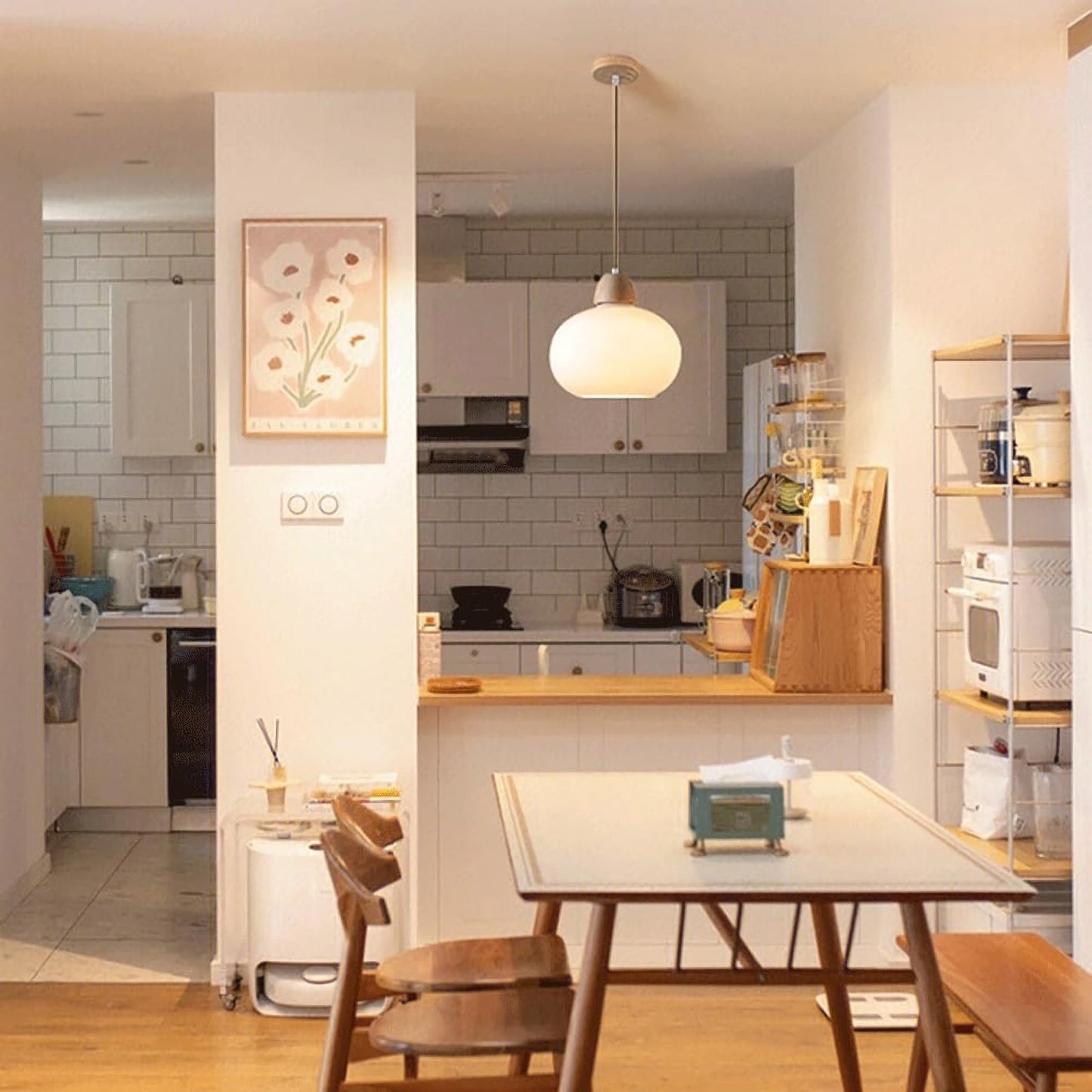 Milk Glass Wood Pendant Light