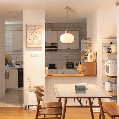 Milk Glass Wood Pendant Light