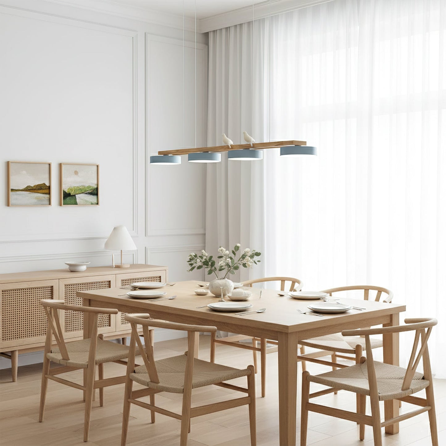 Linear Bird Motif Wood Chandelier