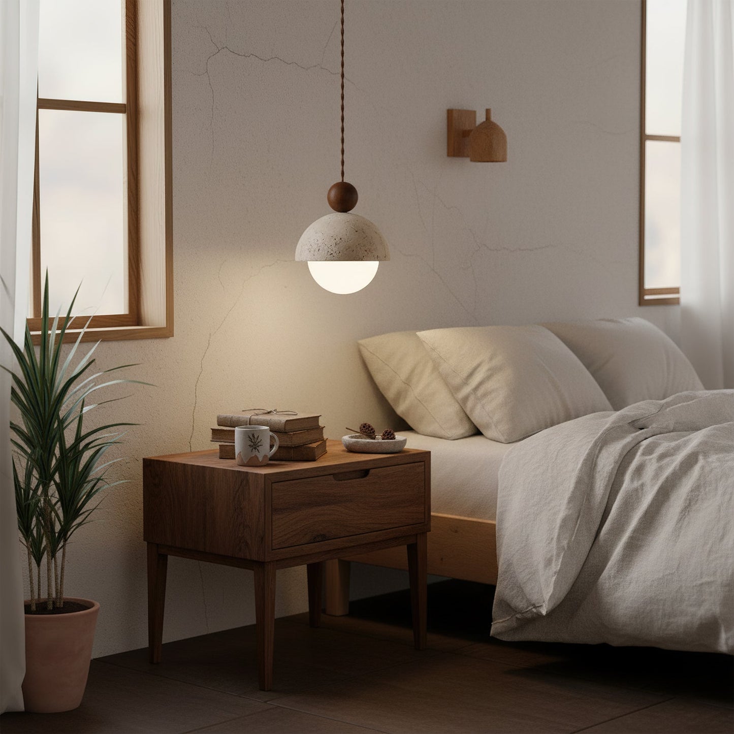 Travertine Dome Wood Pendant Light