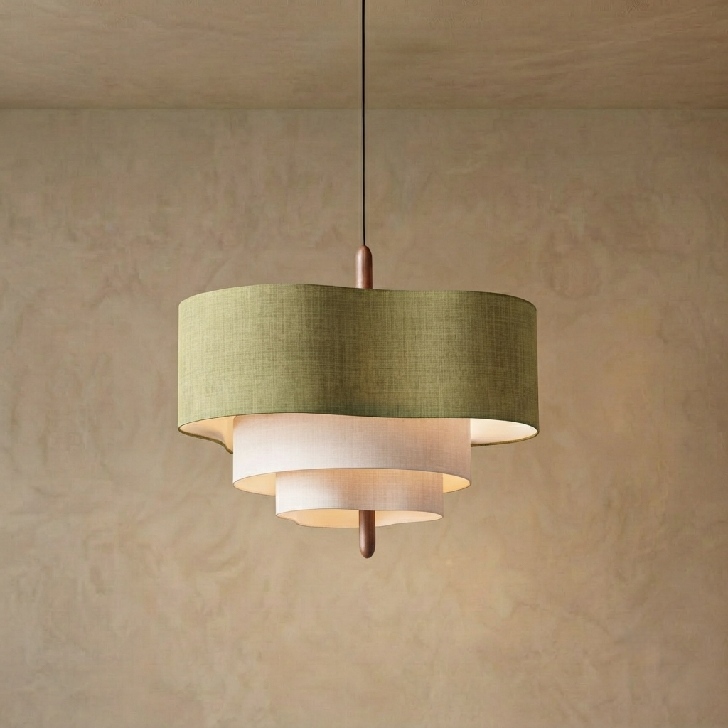 Tiered Fabric Walnut Pendant Light