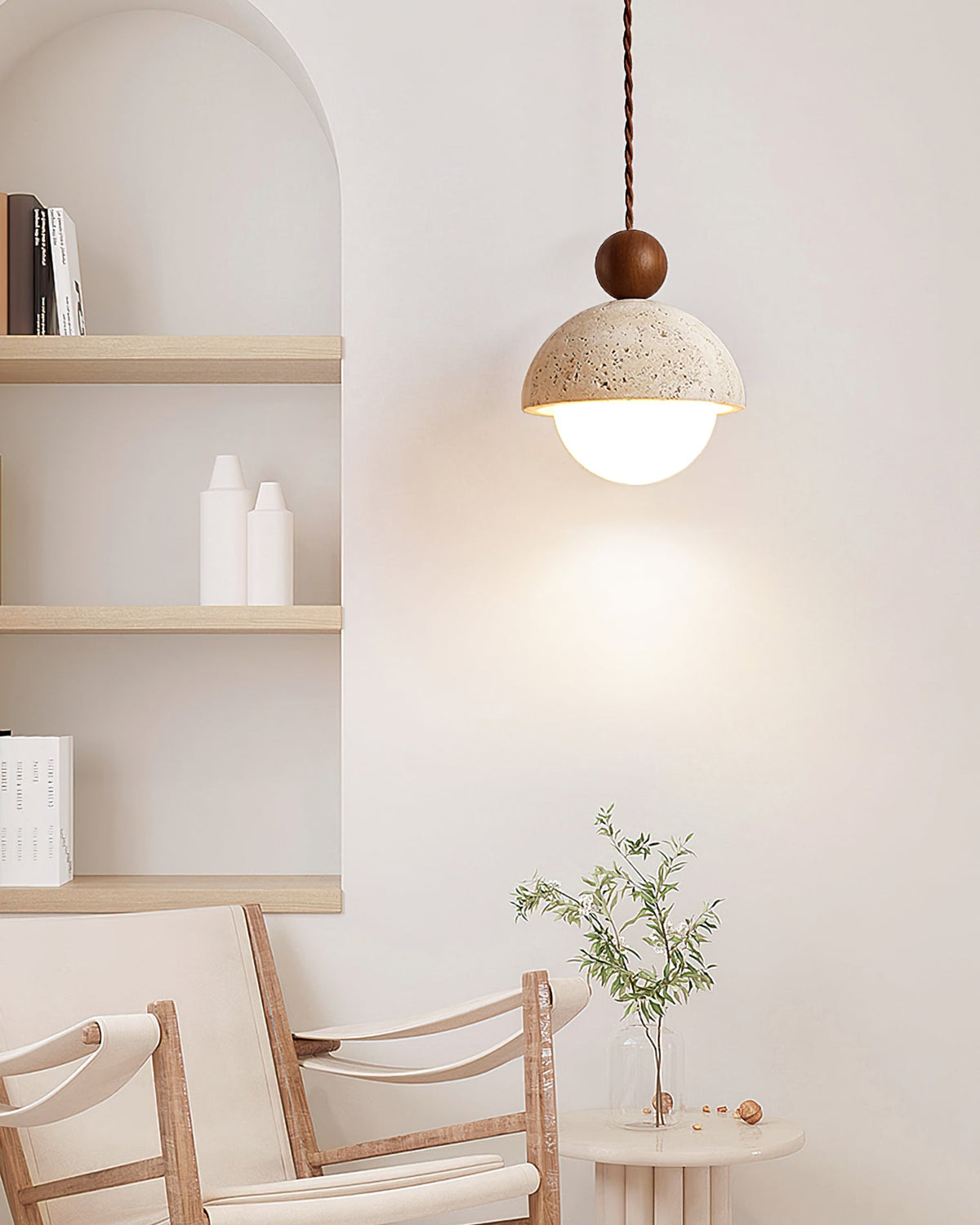 Travertine Dome Wood Pendant Light