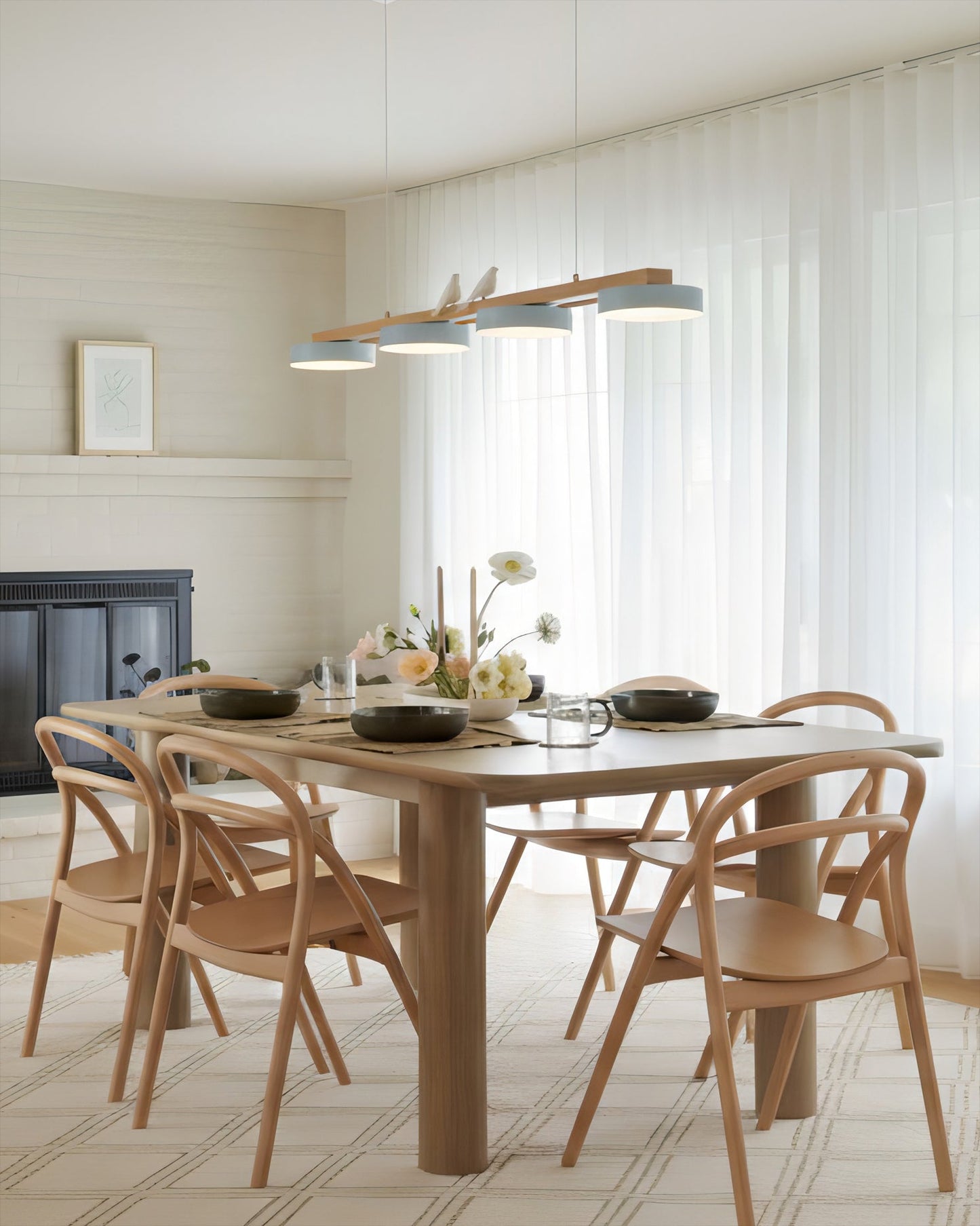Linear Bird Motif Wood Chandelier