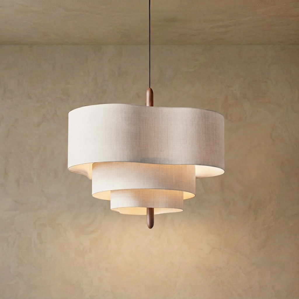 Tiered Fabric Walnut Pendant Light