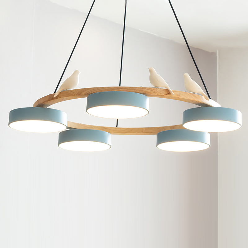 Round Wooden Bird Chandelier
