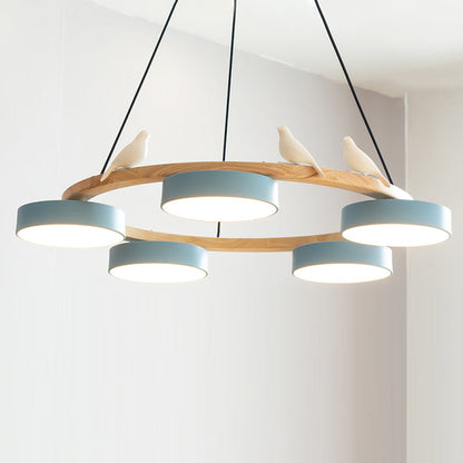 Round Wooden Bird Chandelier