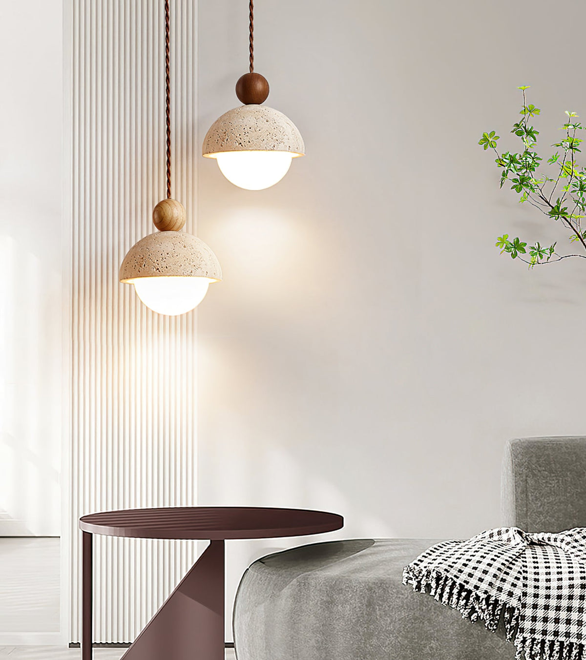Travertine Dome Wood Pendant Light