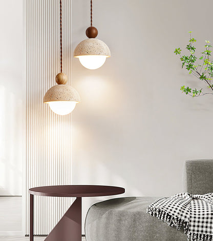 Travertine Dome Wood Pendant Light