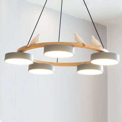 Round Wooden Bird Chandelier