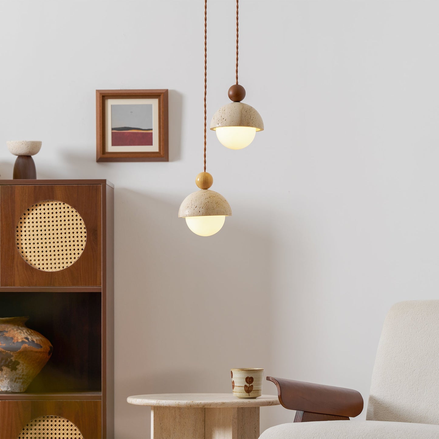 Travertine Dome Wood Pendant Light