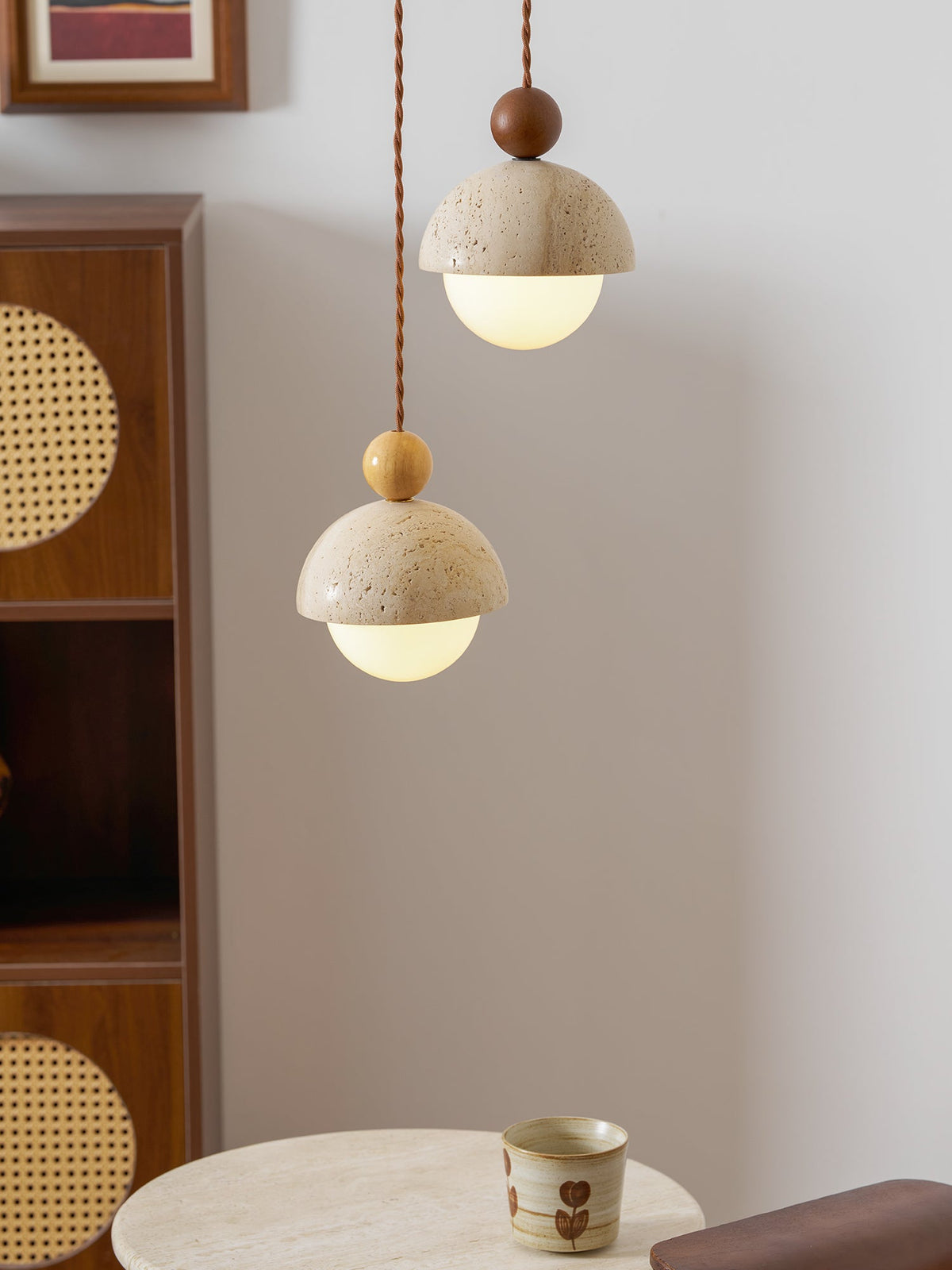 Travertine Dome Wood Pendant Light