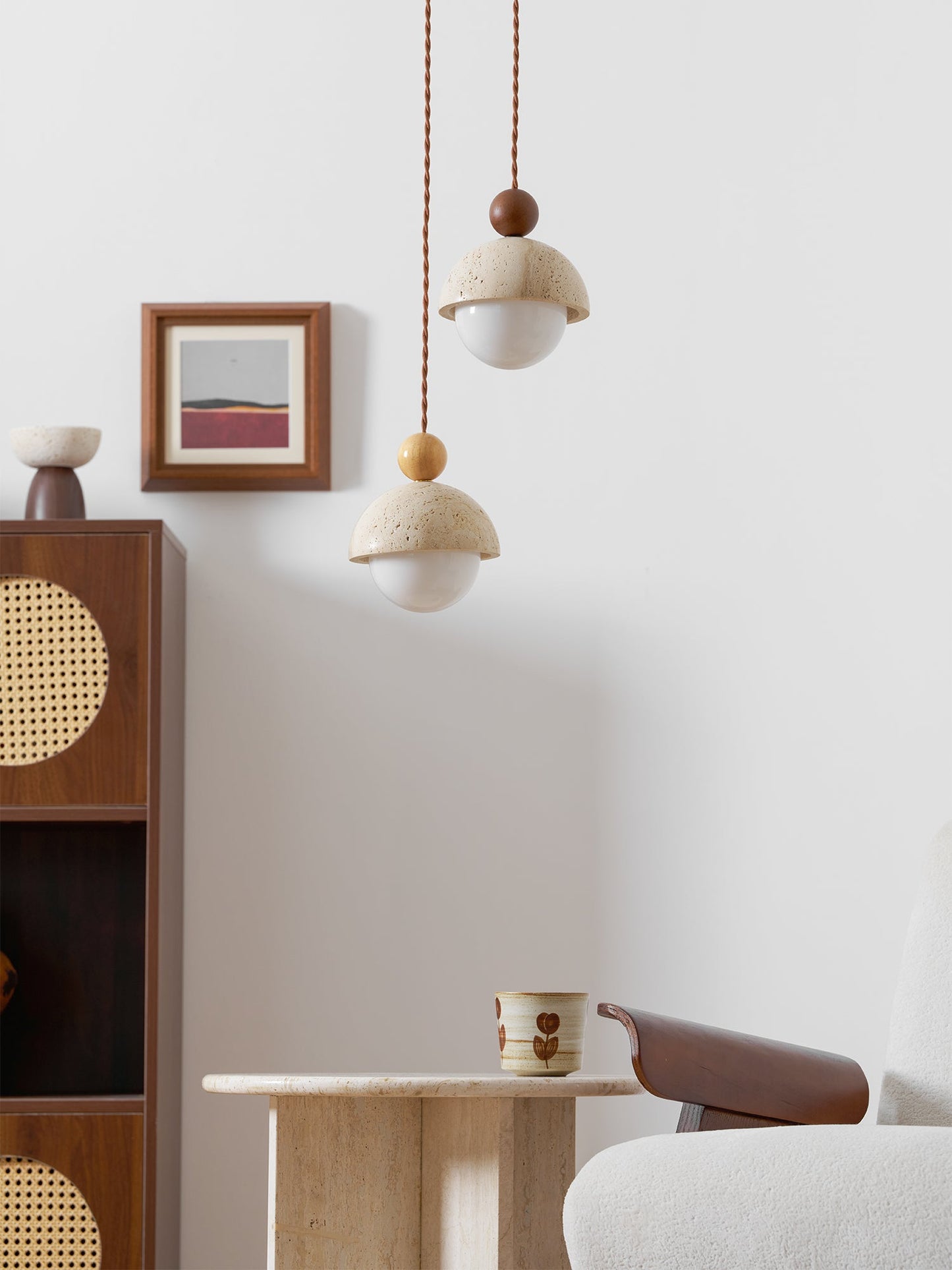 Travertine Dome Wood Pendant Light