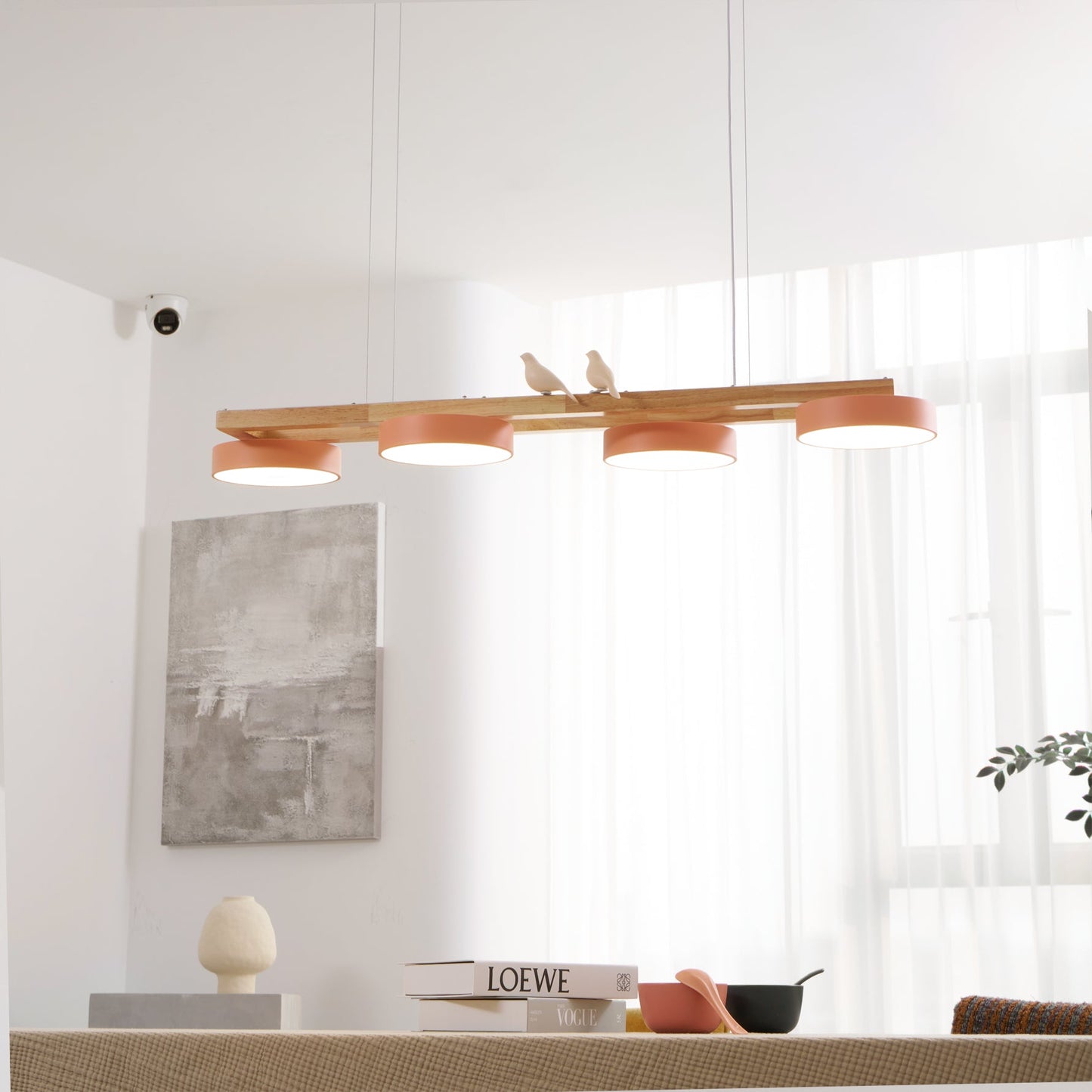 Linear Bird Motif Wood Chandelier