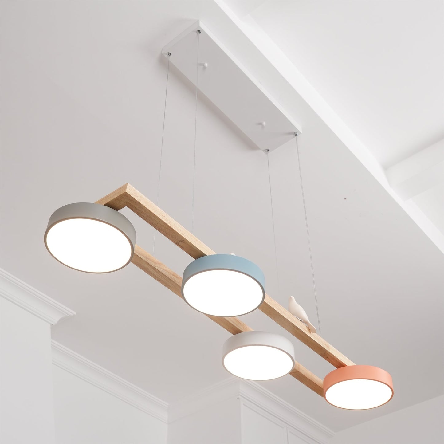 Linear Bird Motif Wood Chandelier