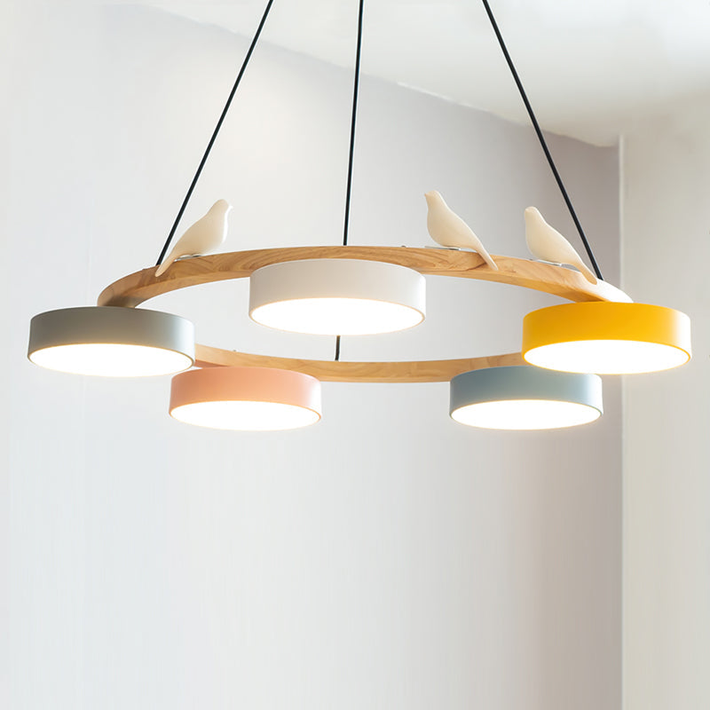 Round Wooden Bird Chandelier
