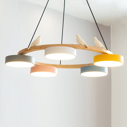 Round Wooden Bird Chandelier