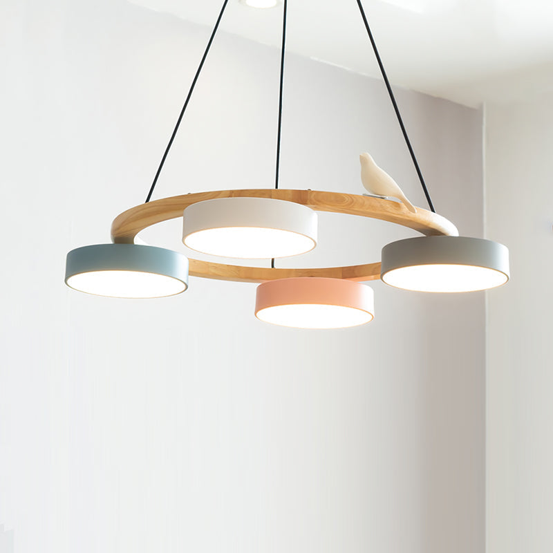 Round Wooden Bird Chandelier