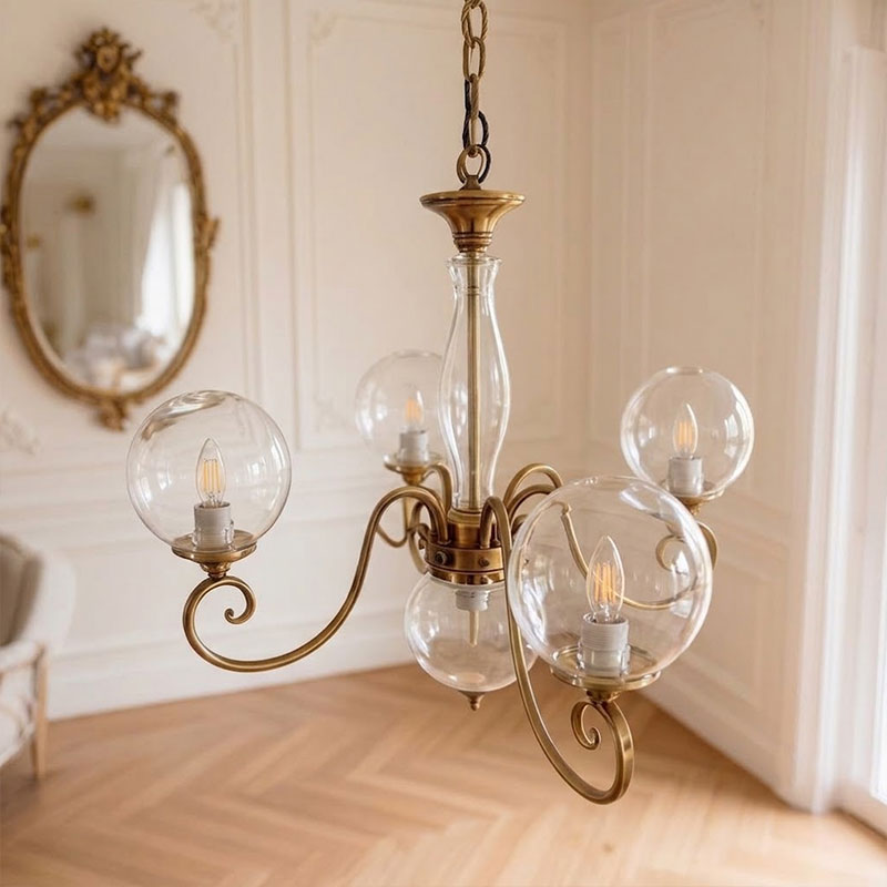 Scrolled Brass Globe Chandelier