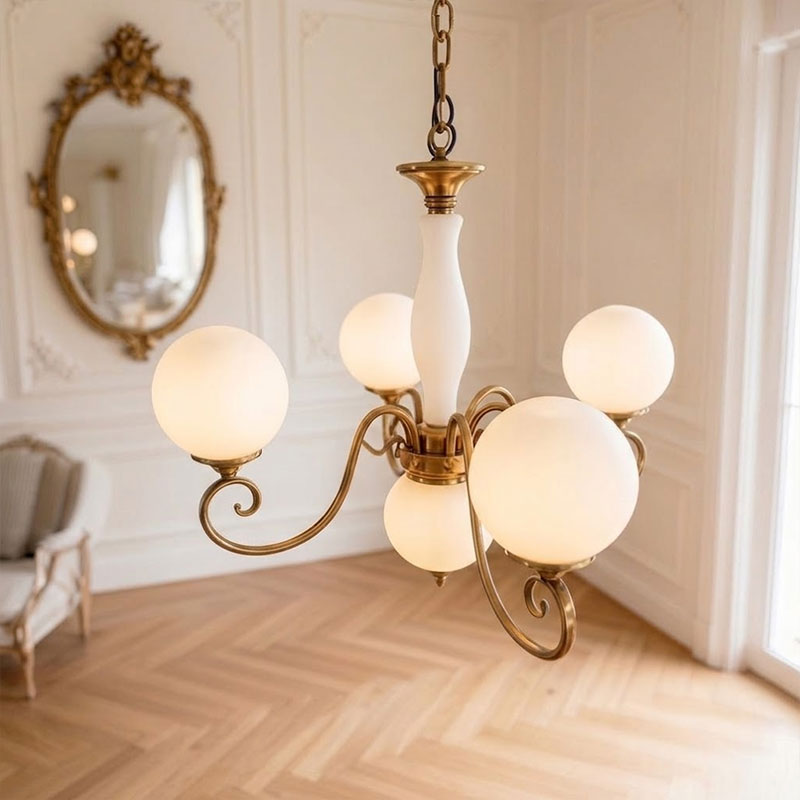 Scrolled Brass Globe Chandelier