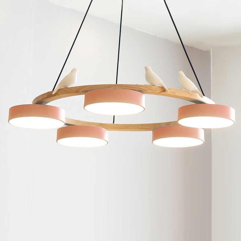 Round Wooden Bird Chandelier