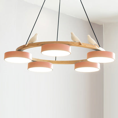 Round Wooden Bird Chandelier