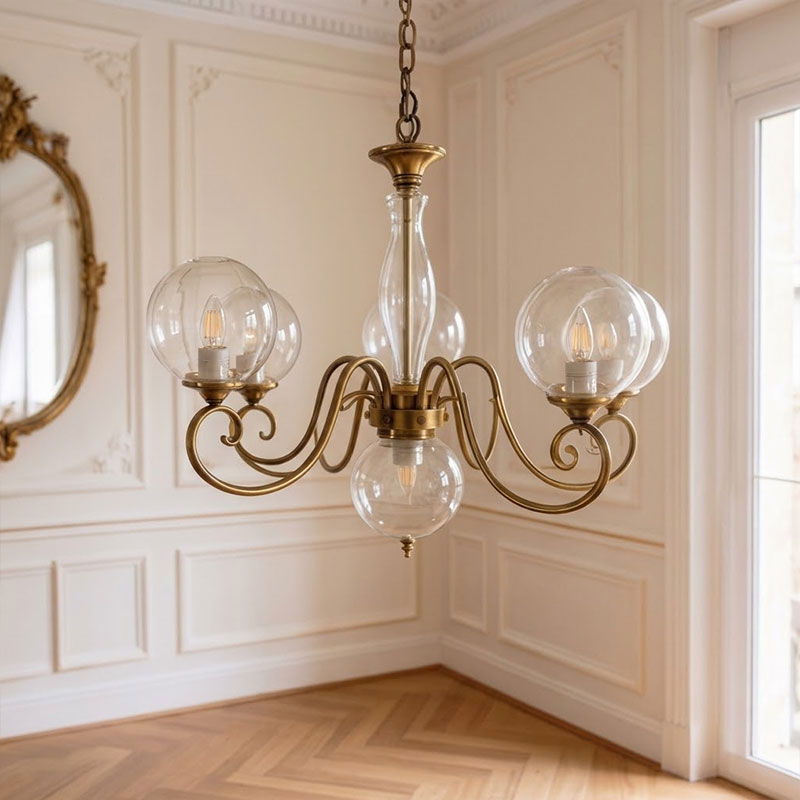 Scrolled Brass Globe Chandelier