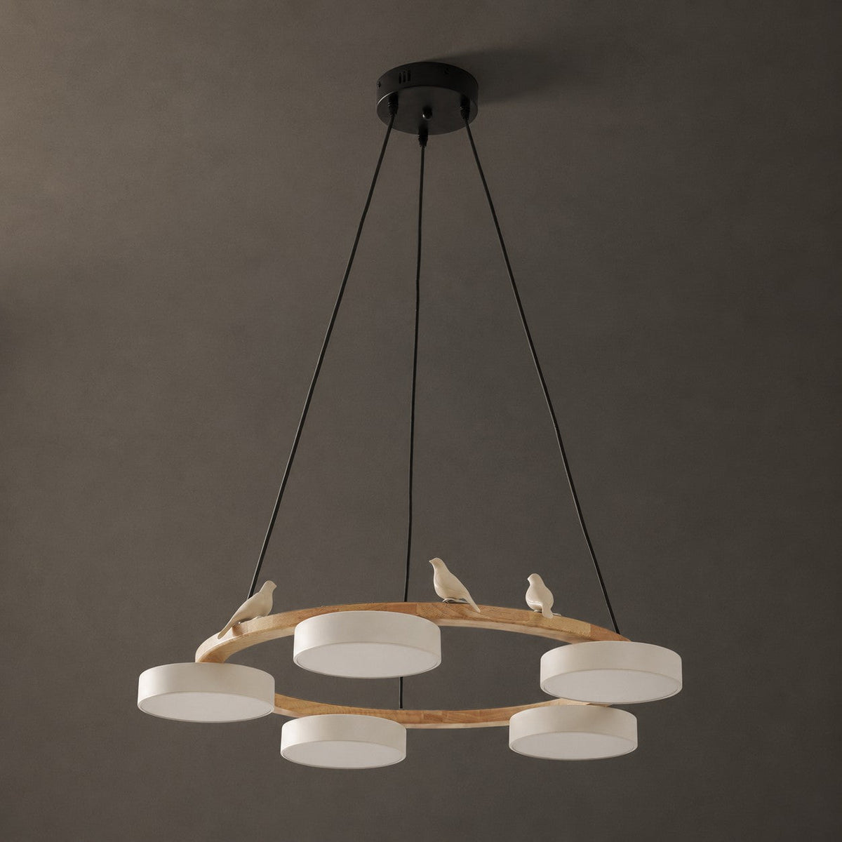 Round Wooden Bird Chandelier