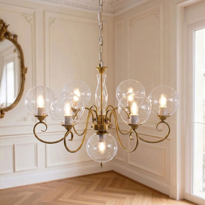 Scrolled Brass Globe Chandelier