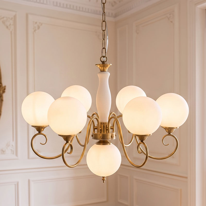 Scrolled Brass Globe Chandelier