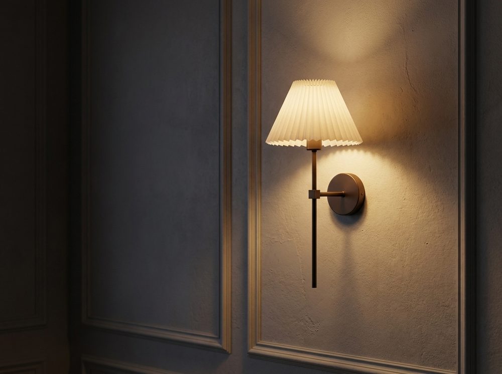Pleated wall sconce lit in the evening